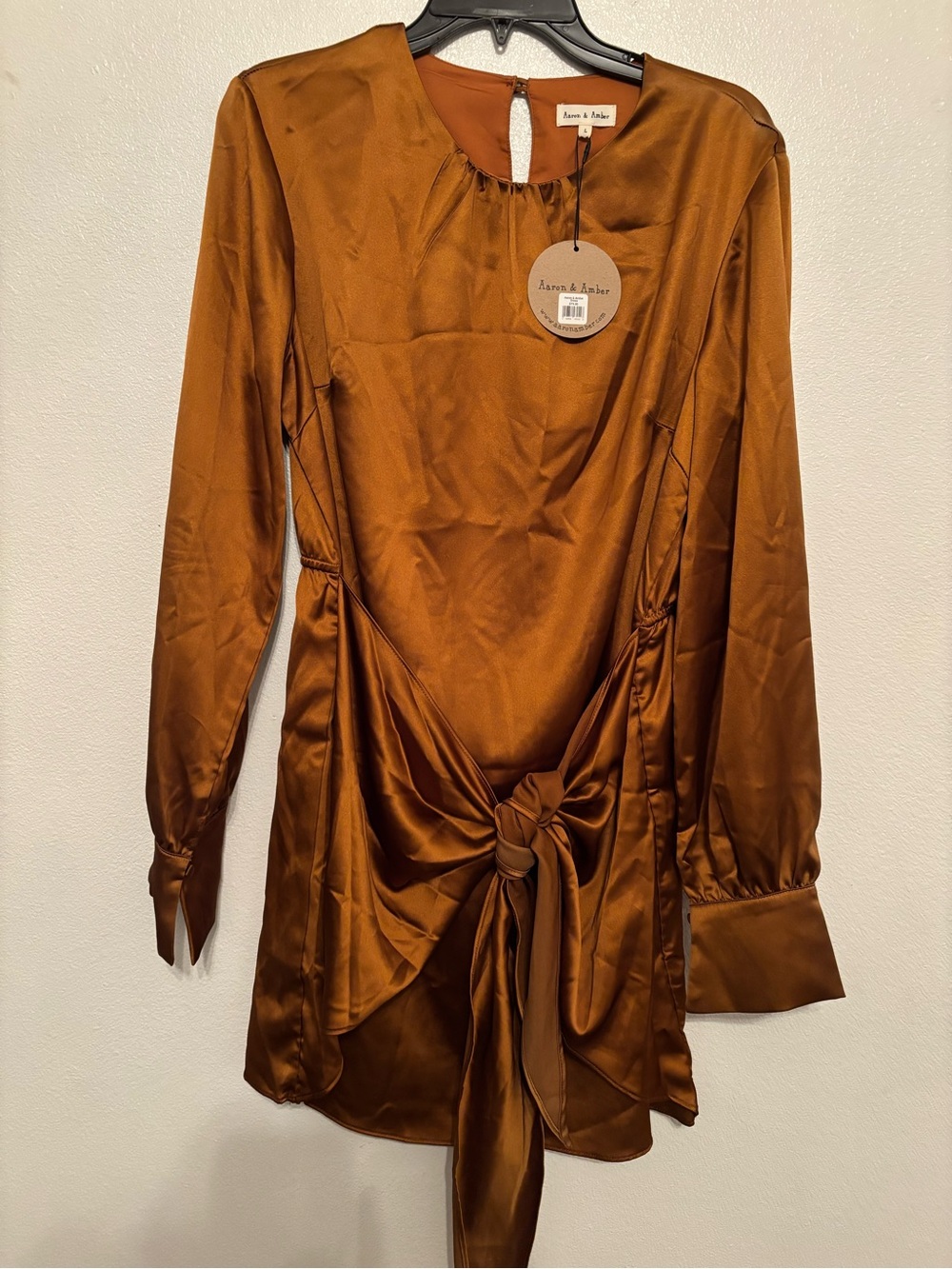 Satin Tie-Waist Long-Sleeve Mini Dress - Copper NWT L
